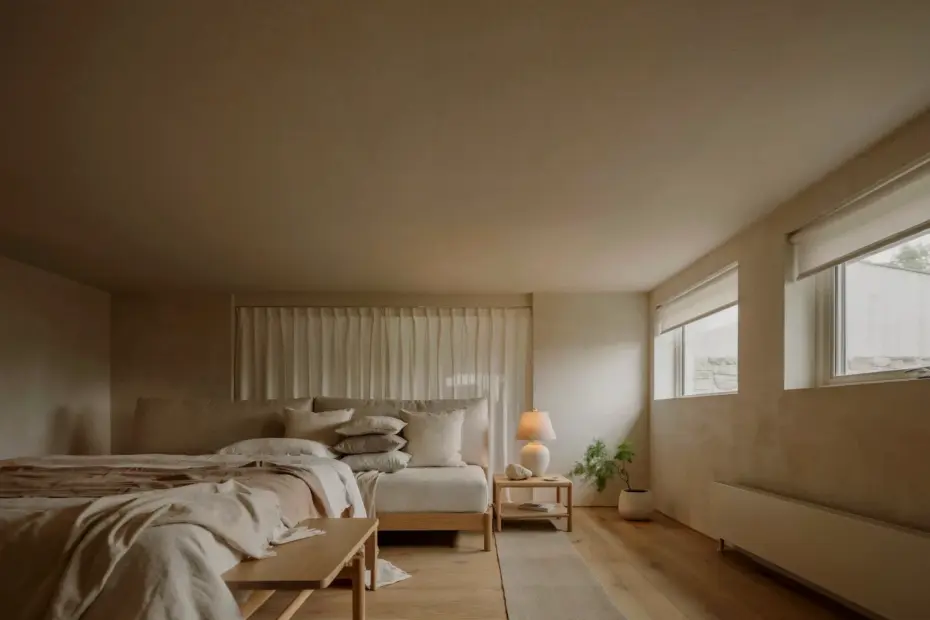 Contemporary rustic master bedroom decor in a Quinta do Lago holiday home