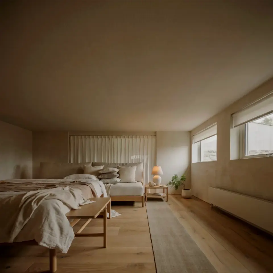 Contemporary rustic master bedroom decor in a Quinta do Lago holiday home