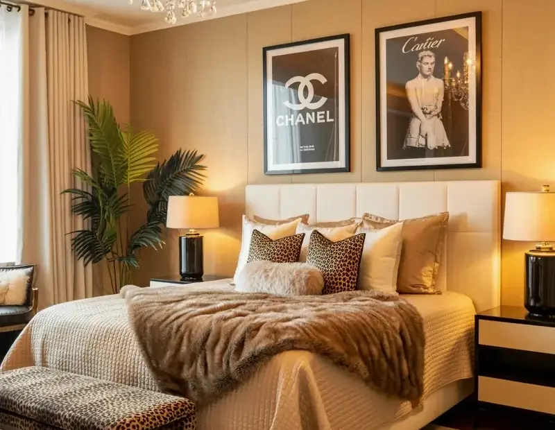Chanel and Cartier inspired luxury bedroom decor with crystal chandelier and tray ceiling