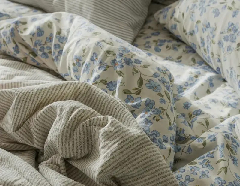 Cozy bedroom bedding with striped duvets and floral pillows for spring