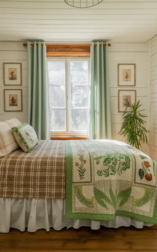 Cozy Master Bedroom Decor with Mint Green Curtains and Plaid Bedding | Botanical Quilt Style