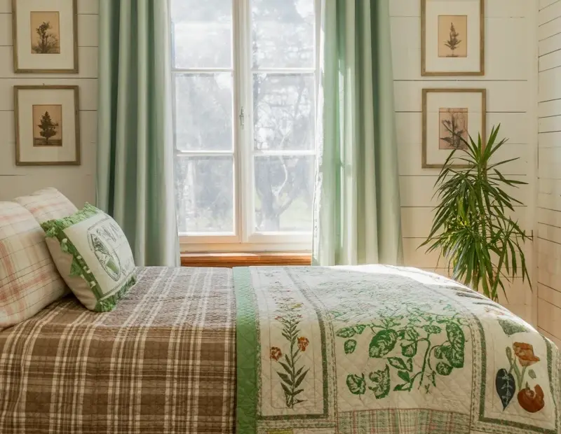 Cozy Master Bedroom Decor with Mint Green Curtains and Plaid Bedding | Botanical Quilt Style