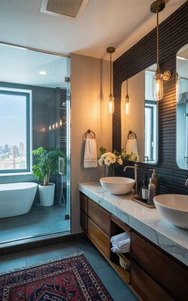 Master Bathroom Decor | Dark Wood Slat Accent Wall & Marble Vanity | Luxury Master Bathroom Ideas