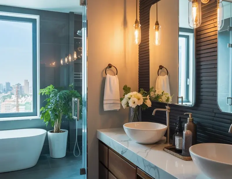Master Bathroom Decor | Dark Wood Slat Accent Wall & Marble Vanity | Luxury Master Bathroom Ideas