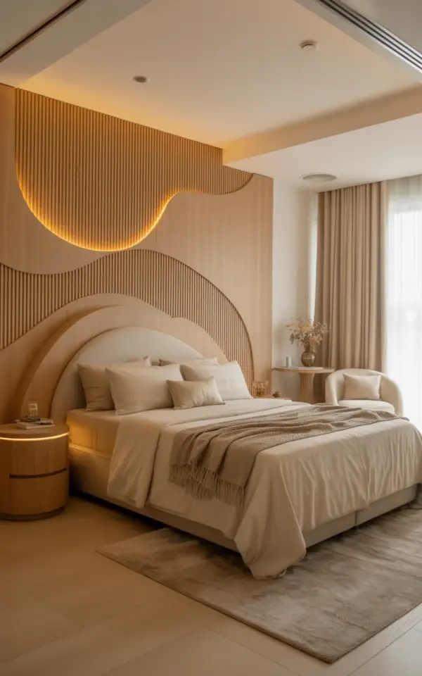 Cozy Luxury Bedroom Decor for Small Apartments | Curved Wood Accent Wall with LED Lighting
