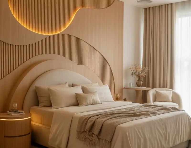 Cozy Luxury Bedroom Decor for Small Apartments | Curved Wood Accent Wall with LED Lighting