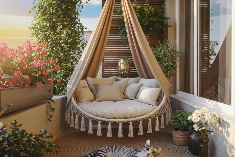 Cozy Balcony Bedroom Decor with Organic Cotton Throw Blanket | Bohemian Hammock Daybed Inspo