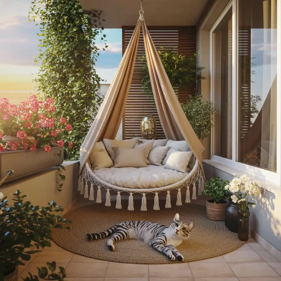 Cozy Balcony Bedroom Decor with Organic Cotton Throw Blanket | Bohemian Hammock Daybed Inspo