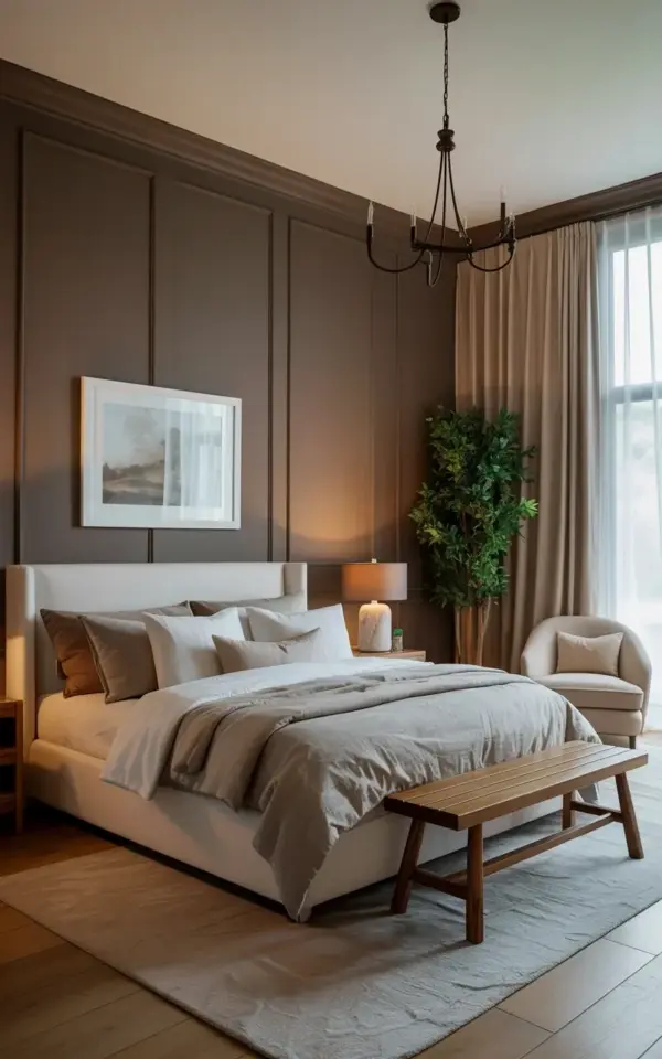 Luxurious Modern Bedroom with Dark Accent Wall & White Upholstered Bed