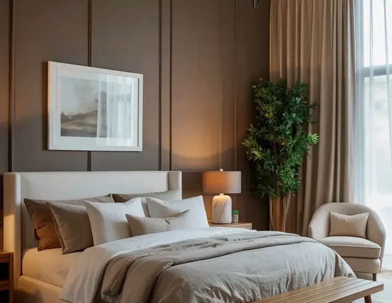 Luxurious Modern Bedroom with Dark Accent Wall & White Upholstered Bed