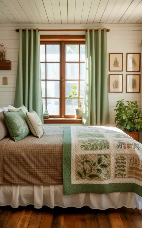 Cozy Master Bedroom Decor with Mint Green Curtains and Plaid Bedding