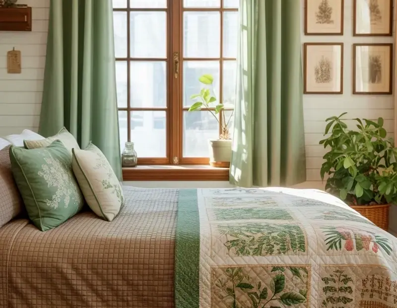 Cozy Master Bedroom Decor with Mint Green Curtains and Plaid Bedding