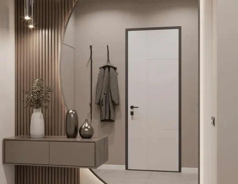 Budget Entryway Decor Ideas – Curved Mirror & Wood Slat Wall for Small Spaces