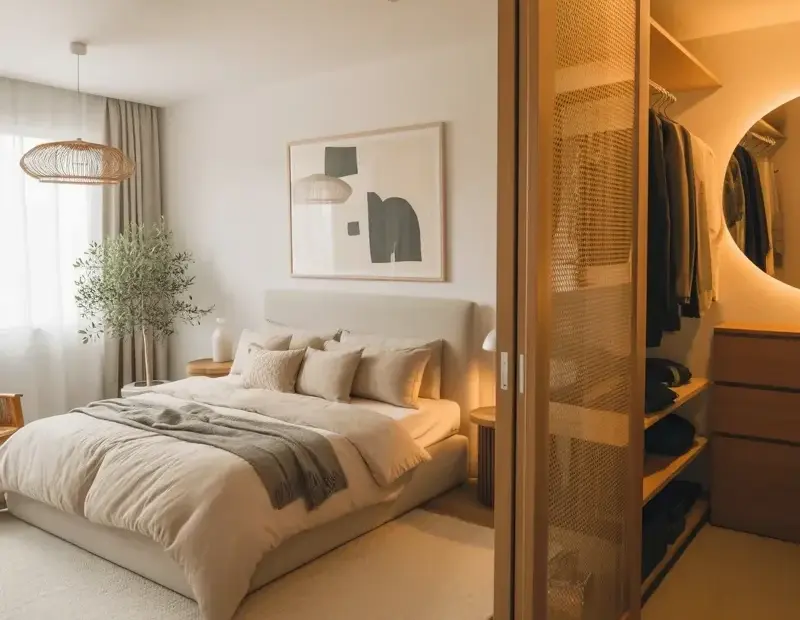 A Modern Minimalist Bedroom with Walk-In Closet That Still Feels Cozy