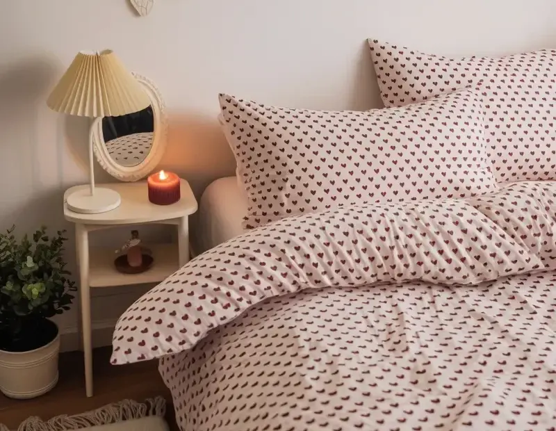 Cozy Valentine's Day Bedroom Decor with Heart Bedding and Warm Lighting