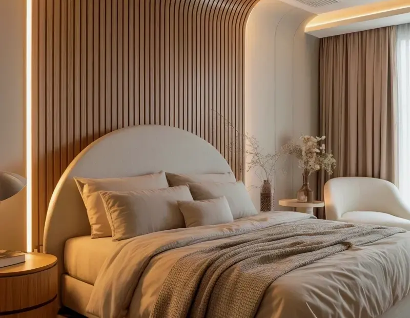 Modern Bedroom Ideas: Cozy Wood Panel Accent Wall w/ Golden LED Glow