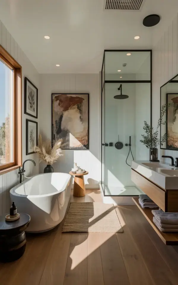 Small Bathroom with Freestanding Tub and Glass Shower β Bright Wood Floor Spa Feel
