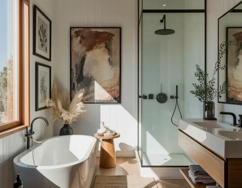 Small Bathroom with Freestanding Tub and Glass Shower – Bright Wood Floor Spa Feel