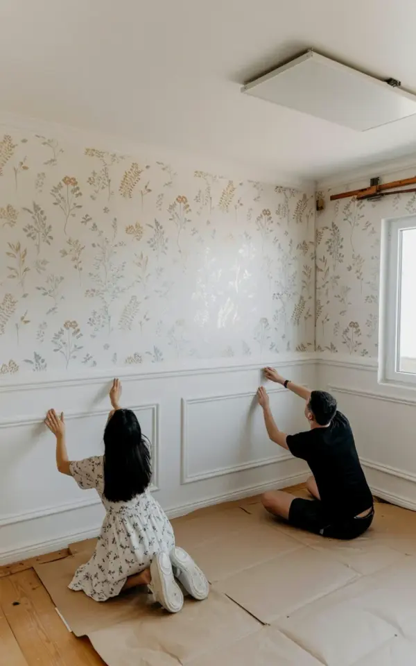 Bedroom Wall Paneling Ideas: Installing Wainscoting on Botanical Wallpaper
