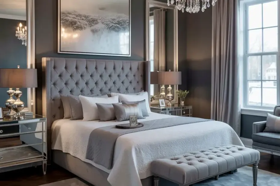 Gray and Silver Bedroom Ideas with Diamond Tufted Headboard & Chandelier