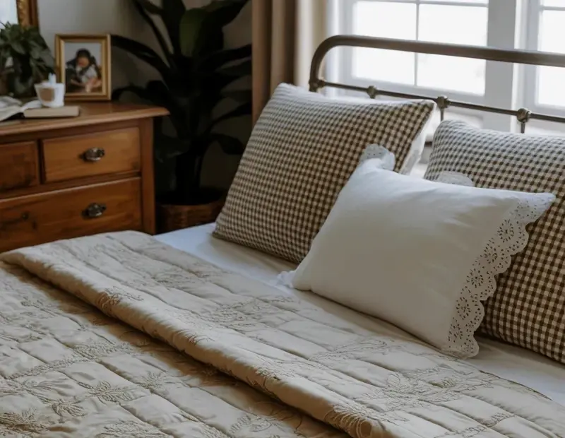 Spring Cozy Bedroom Decor Ideas with Floral Quilt & Checkered Pillows