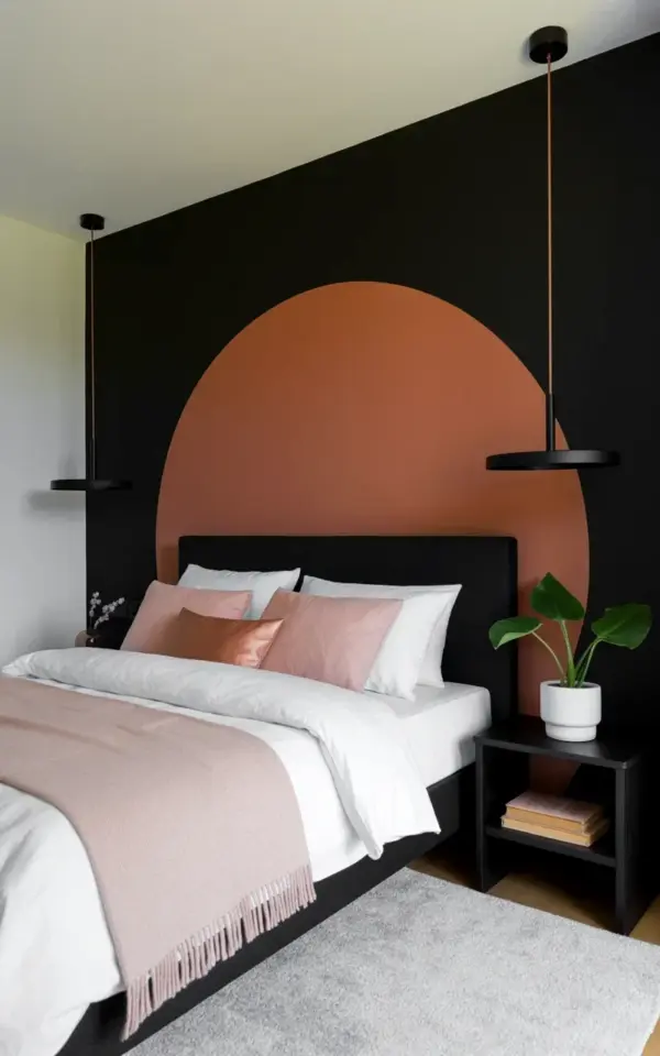 Black Accent Wall Bedroom Decor: Terracotta Cutout + Blush Pink Bedding