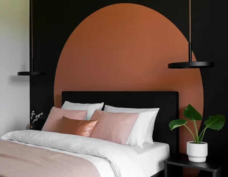 Black Accent Wall Bedroom Decor: Terracotta Cutout + Blush Pink Bedding