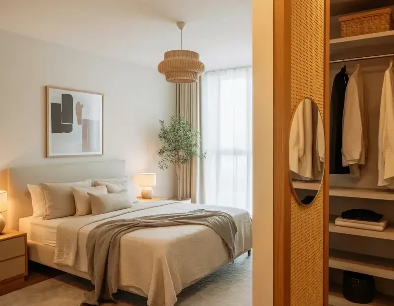Minimalist Bedroom Ideas: Walk-In Closet and Warm Neutral Tones for Winter
