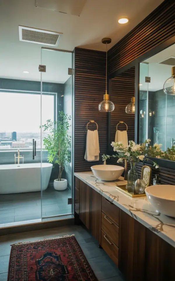 Cozy Master Bathroom Decor with Dark Wood Accent Wall and Marble Vanity