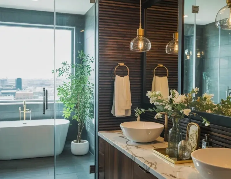 Cozy Master Bathroom Decor with Dark Wood Accent Wall and Marble Vanity